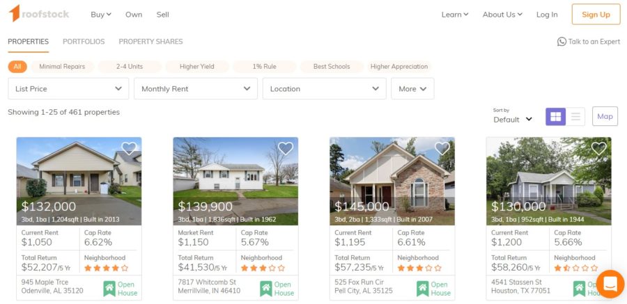 Roofstock will help you narrow your search. You can view properties based on location, list price, monthly rent, gross yield, cap rate or annual appreciation. All properties listed have the year built, square footage and neighborhood rating right on the thumbnail.
﻿