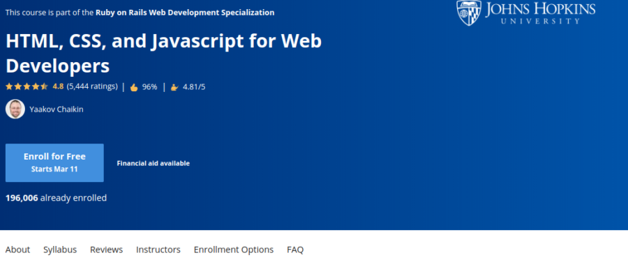 4. HTML, CSS and Javascript for Web Developers by John Hopkins University