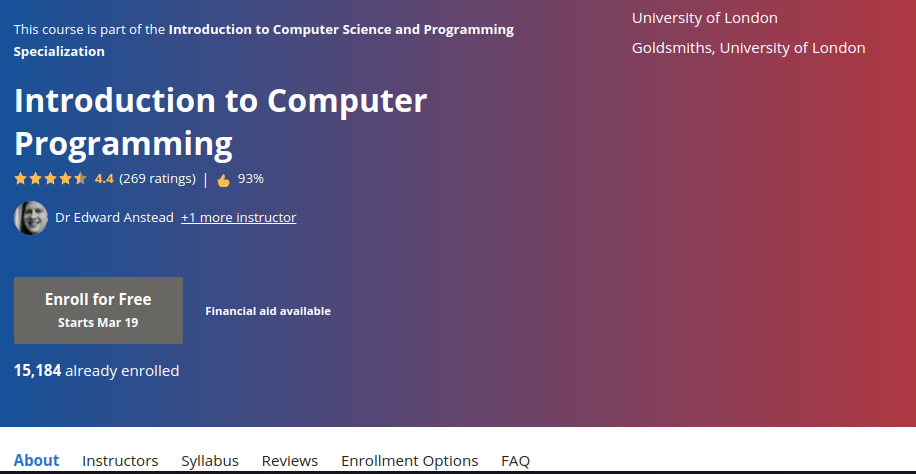 3. Introduction to Computer Programming by the University of London Goldsmiths