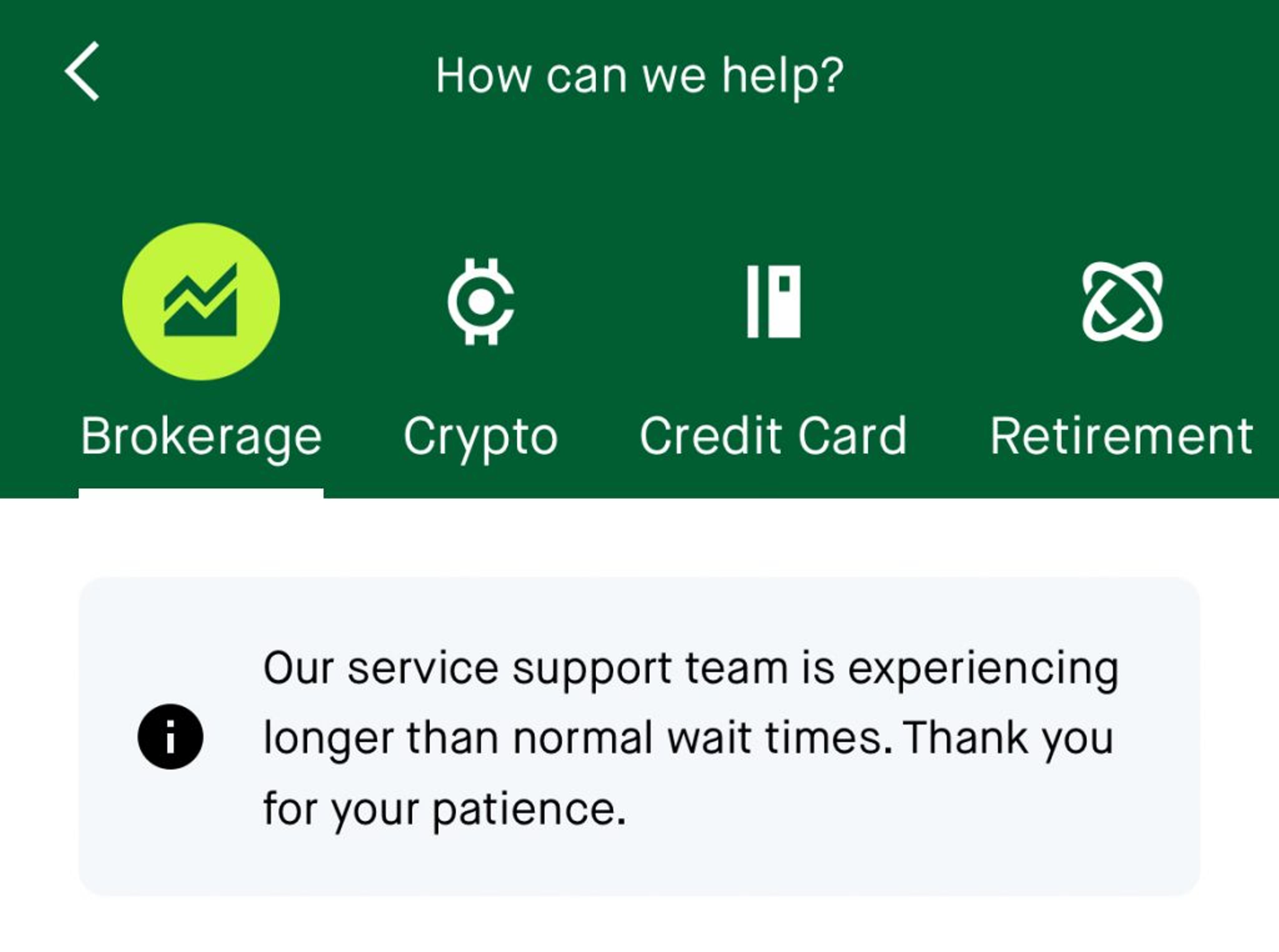 Robinhood customer service page screenshot